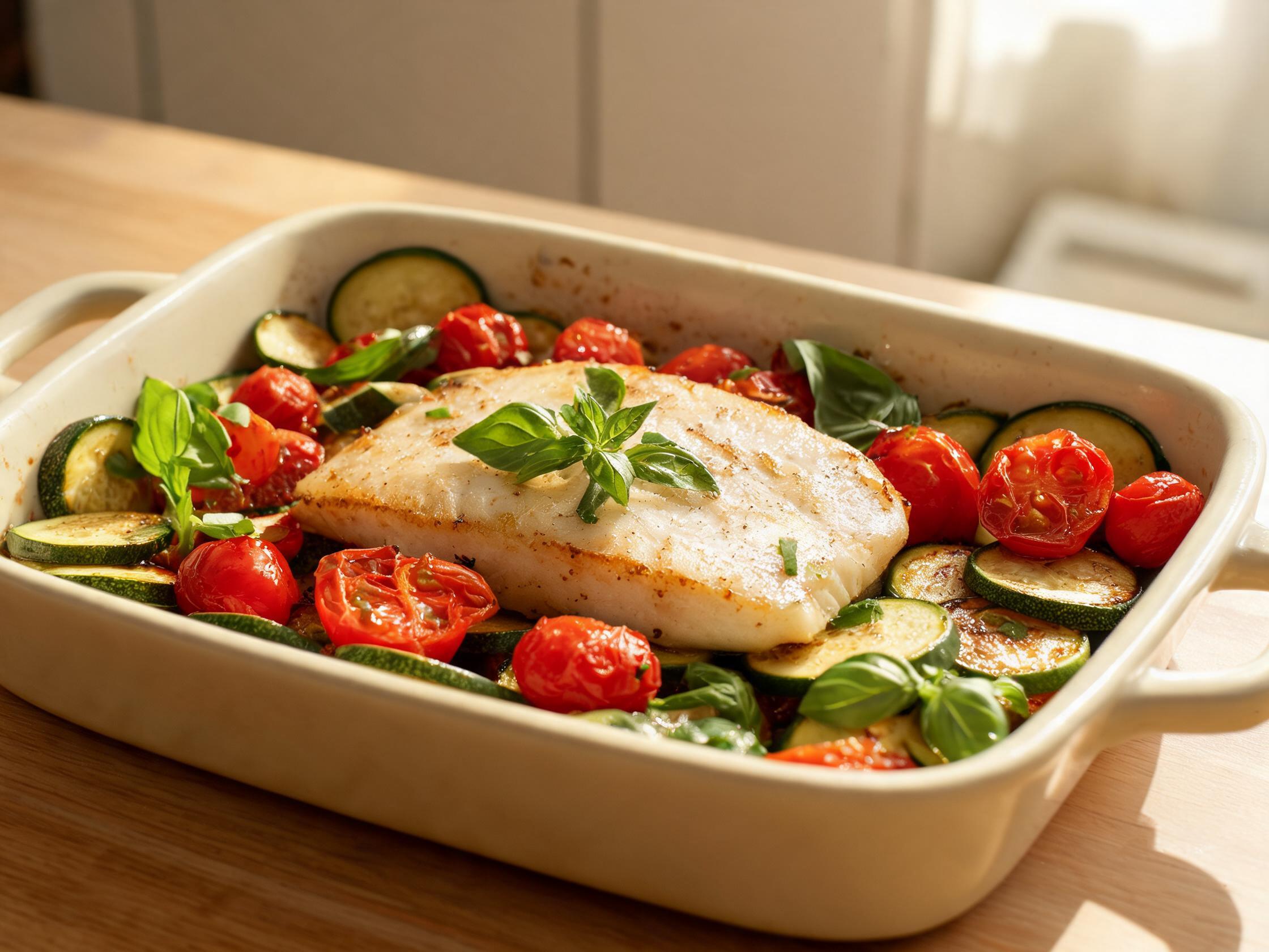 Kabeljauw met geroosterde cherrytomaat en courgette